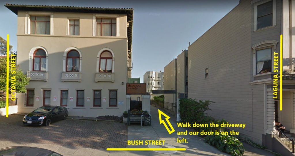 Golden Gate Physical Therapy office entrance: walk down the driveway from Bush Street and our door is on the left
